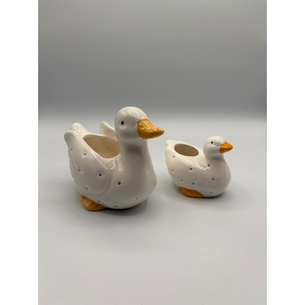 Ceramic Duck Figurine Set White Blue Polka Dot Planter and Toothpick Holder 2pc